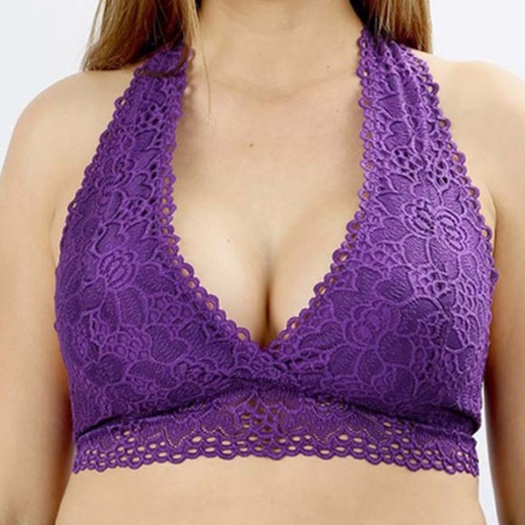 DK PURPLE LACE HALTER STRETCH BRALETTE 1X 2X 3X new lightweight plus - Picture 6 of 11